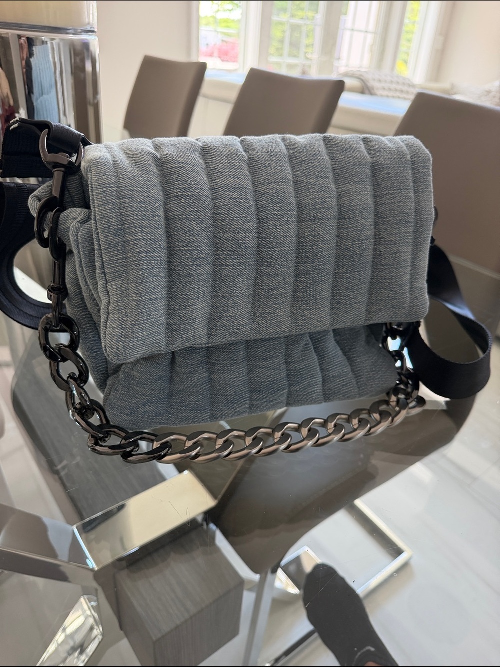 THINK ROYLN Quilted Denim-Blue Crossbody with Gunmetal Chain